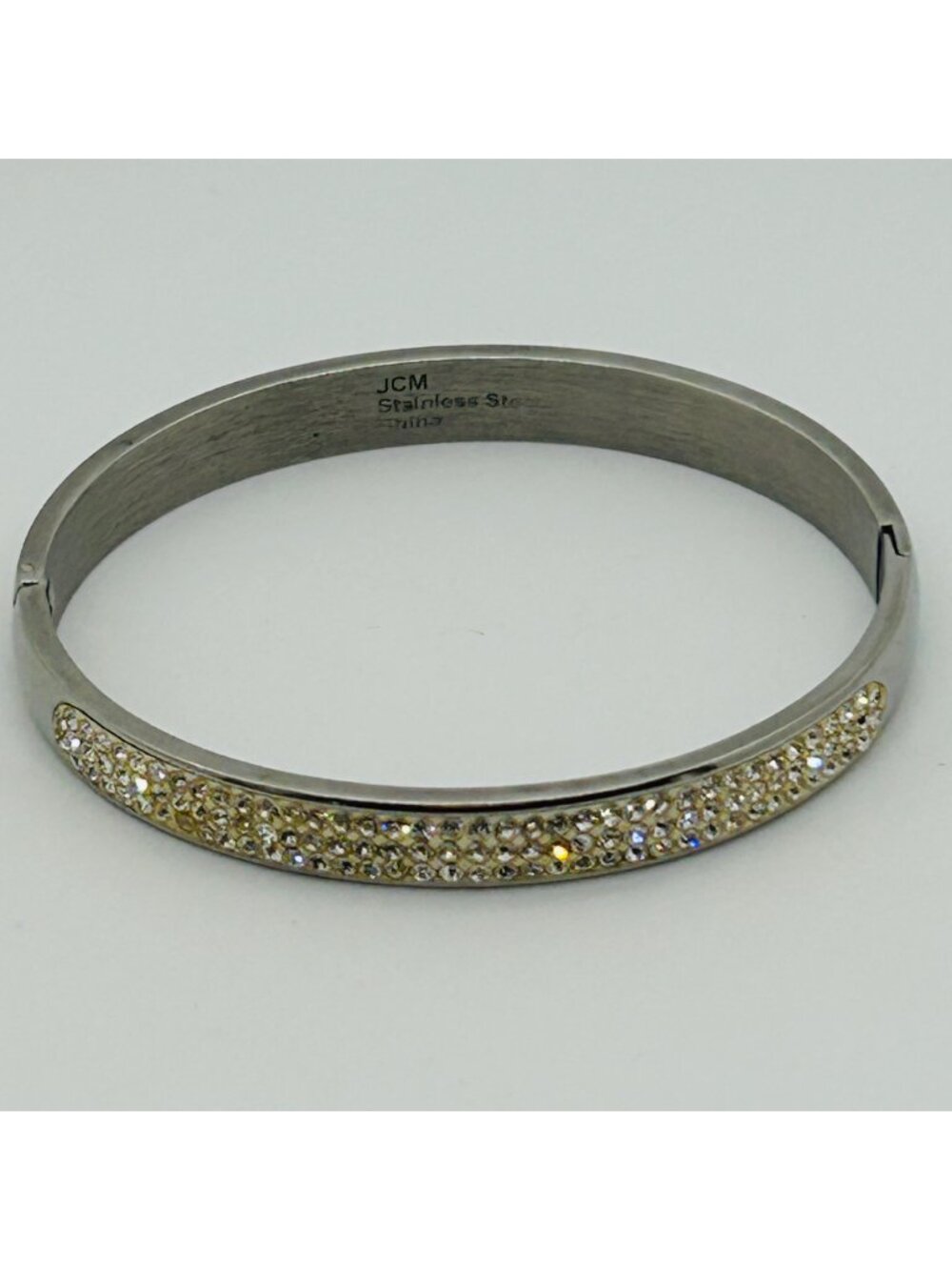 Bangle Bracelet Rhinestone Pavé Stainless Steel Silver Tone Hinged Vintage 6.5"